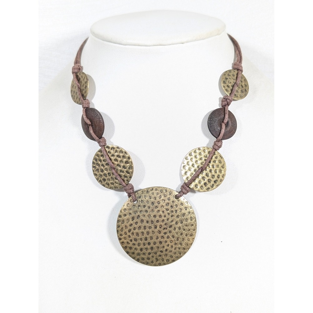 Hammered Gold Tone Disc Necklace Wood Beads Brown Cord 19" Boho Statement